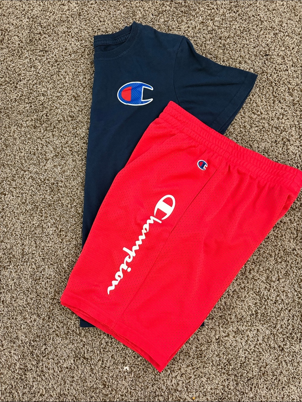 Champion Red Mesh Athletic Shorts with White Logo